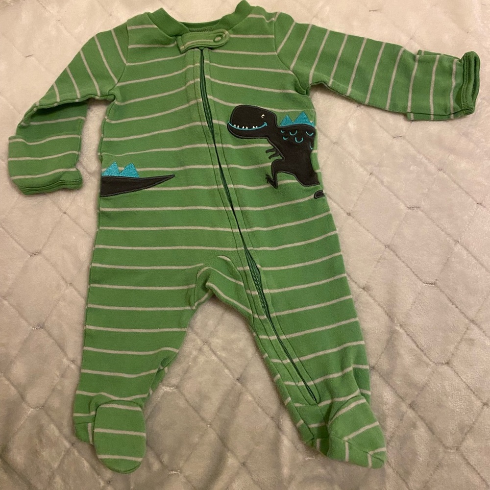 Green dinosaur onesie with mitten cuffs